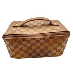 EACHY Train Case Checkered Makeup Bag Cosmetic Organizer Travel Beige Zip Handle